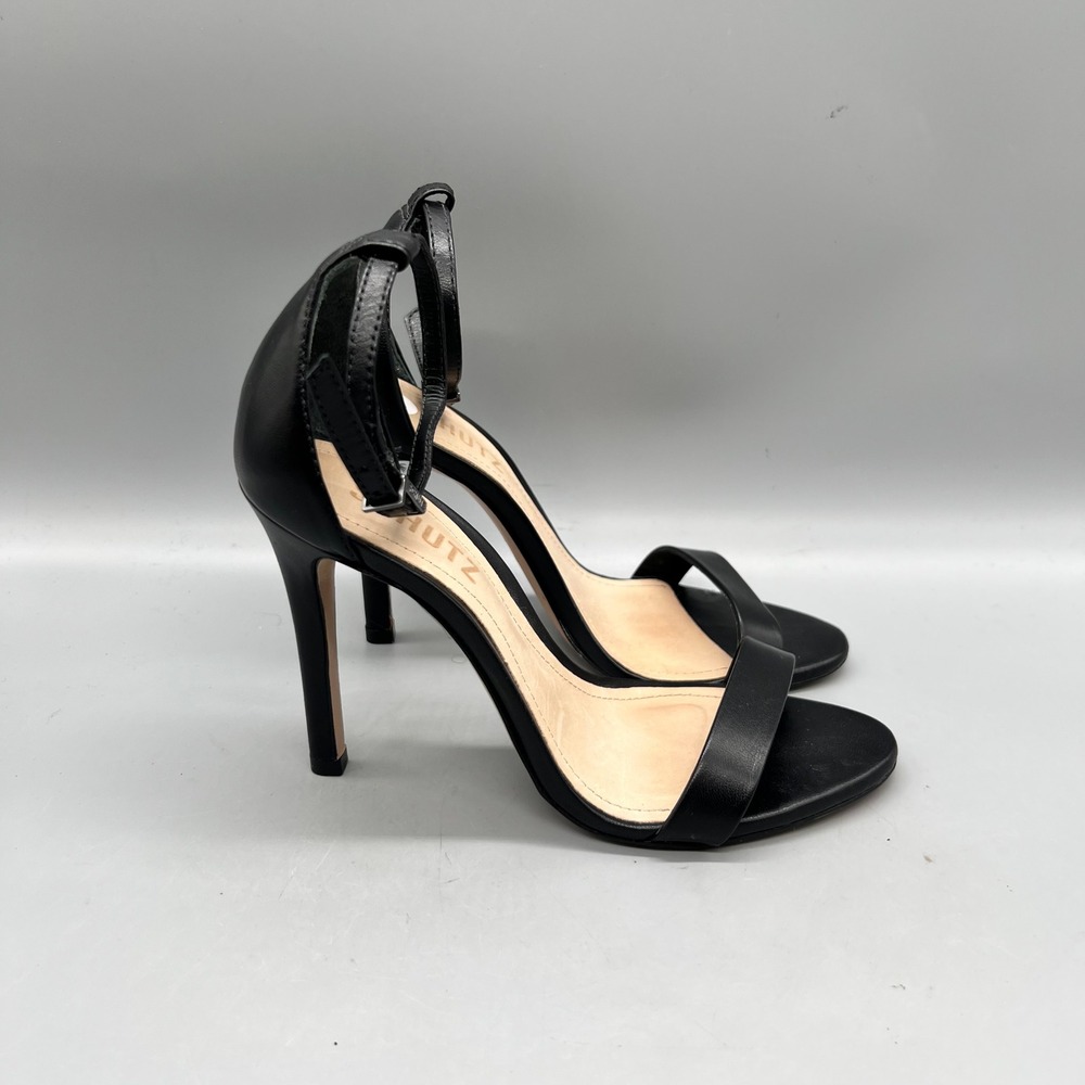 Schutz Sandals Womens 5 Black Leather Cadey Lee Ankle Strap Stiletto Heel Shoes